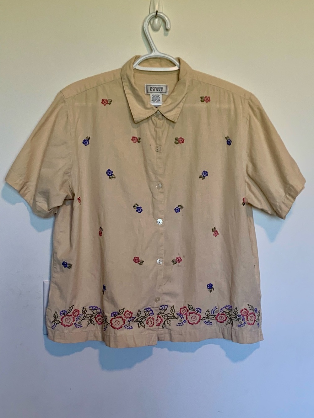 90s Cottagecore floral embroidered linen blend button up short sleeve top large